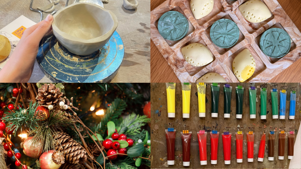 Collage d'activités créatives : poterie, pièces artisanales, décoration de Noël et peinture
