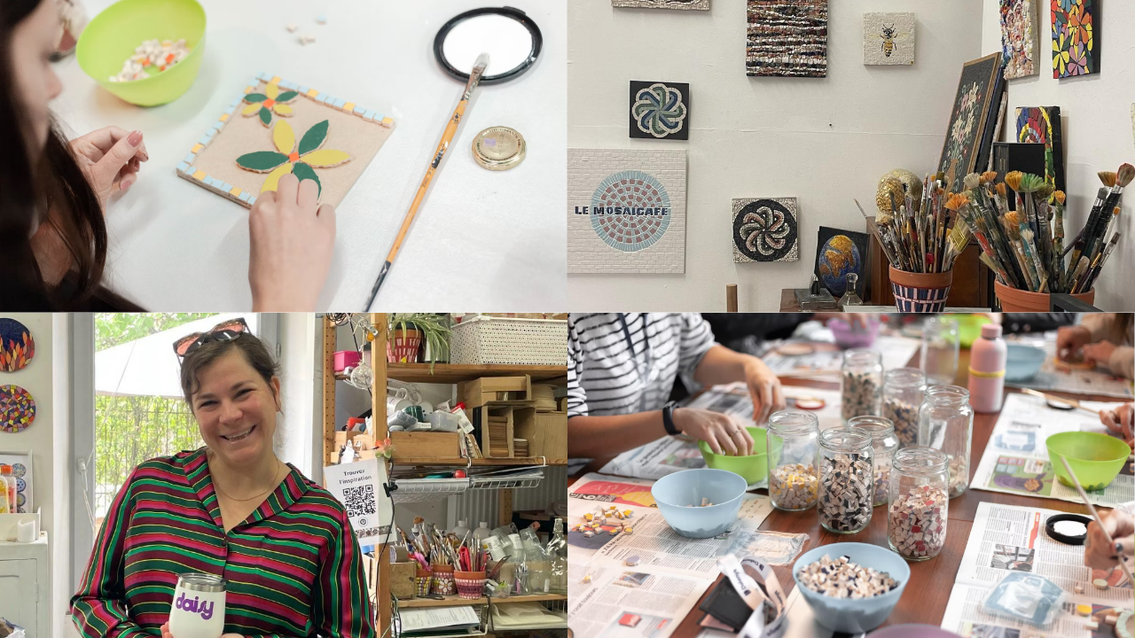 Delphine, fondatrice du Mosaïcafé à Paris, dans son atelier de mosaïque