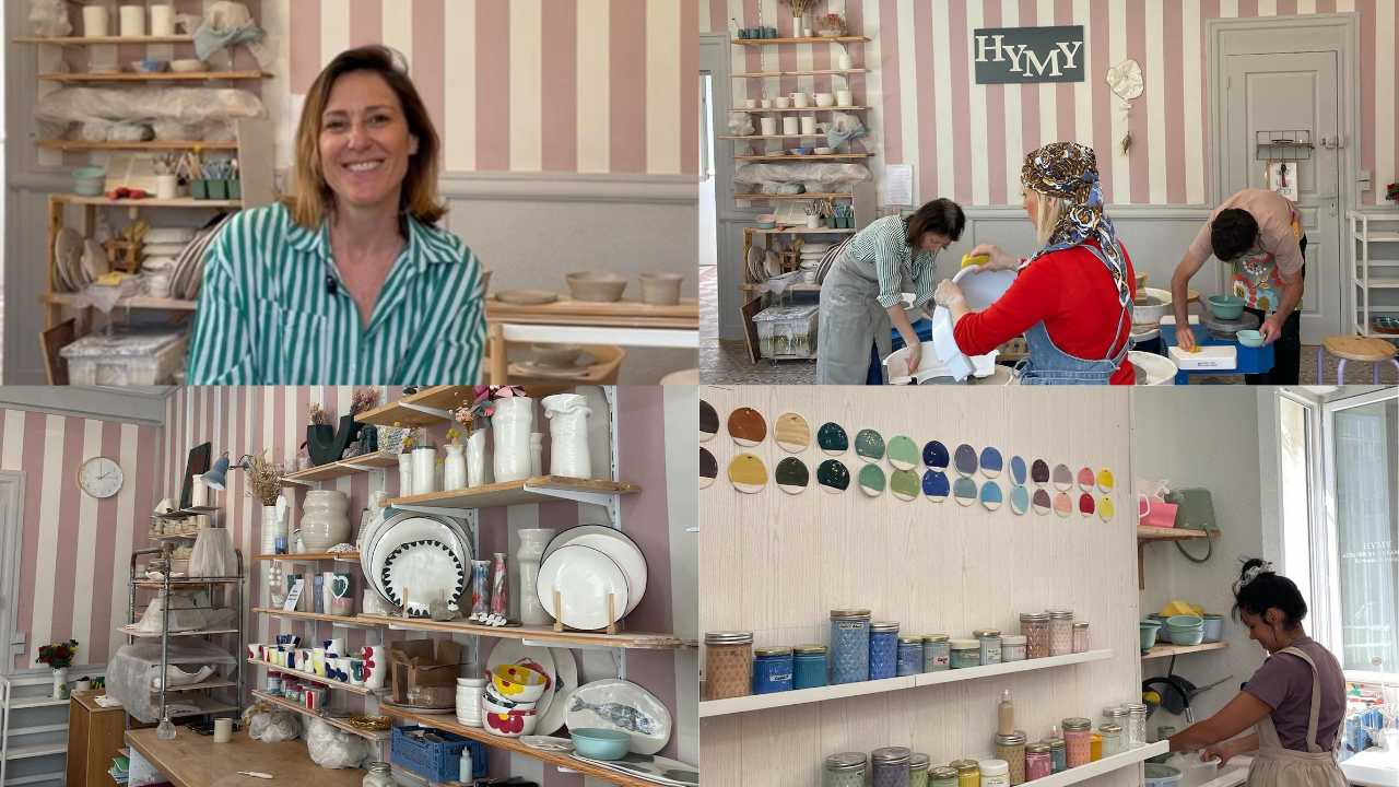 Sophie, fondatrice de l'atelier HYMY Céramique à Bordeaux, devant une étagère de pièces en céramique