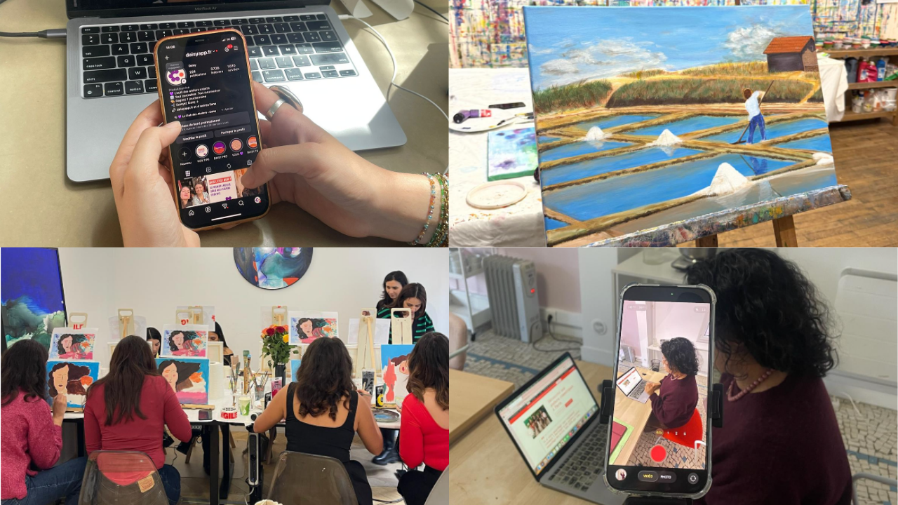 Collage d'ateliers créatifs : Instagram sur smartphone, peinture sur chevalet, cours collectif et tournage vidéo
