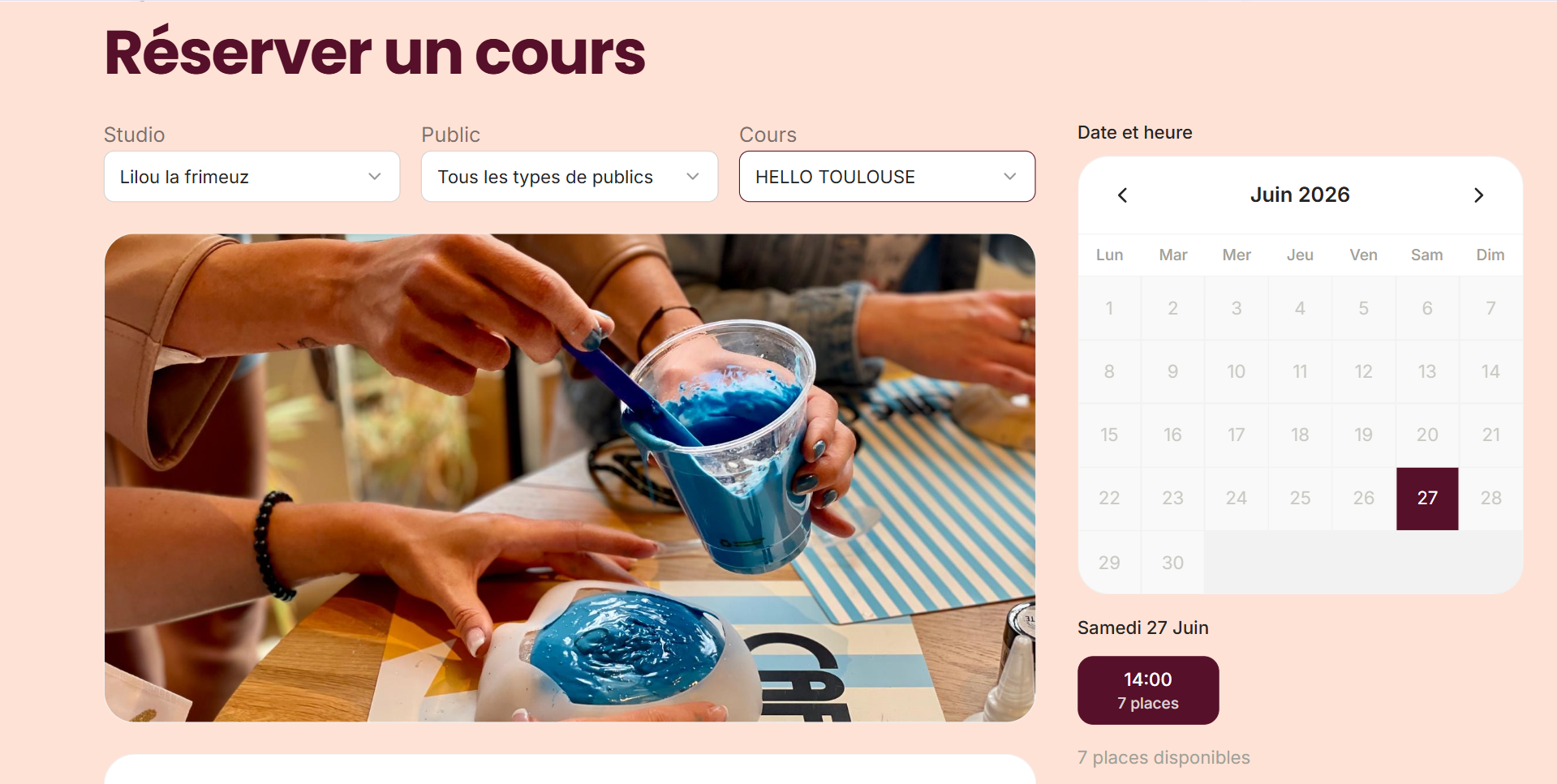 Page de réservation Daisy de Lilou la Frimeuz pour un atelier jesmonite à Toulouse