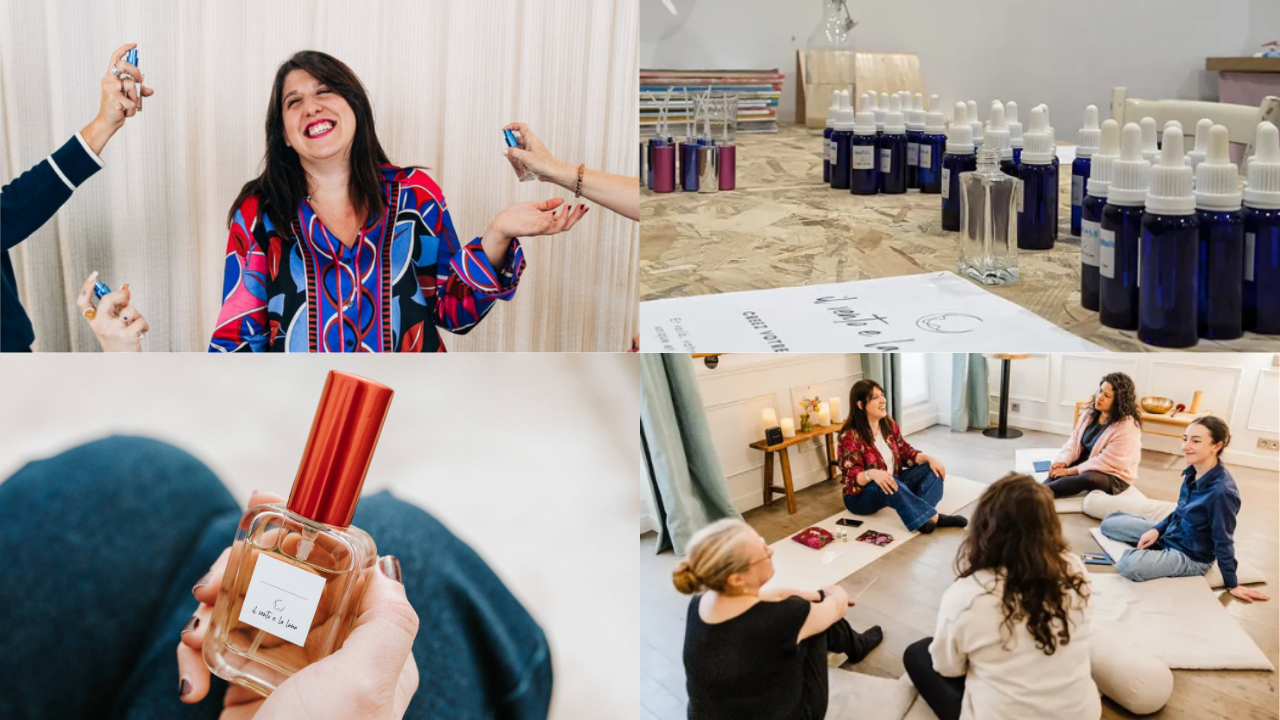 Luana, fondatrice de Il Vento e la Luna, devant des flacons de parfum lors d'un atelier de création olfactive à Paris